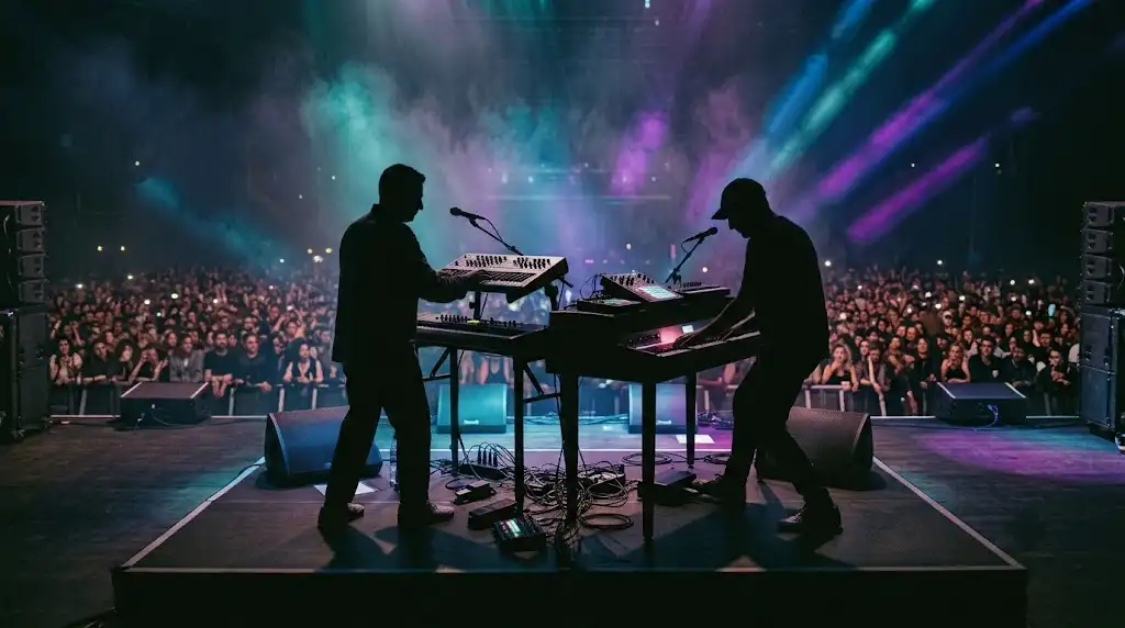 Silueta de artistas en concierto de música electrónica